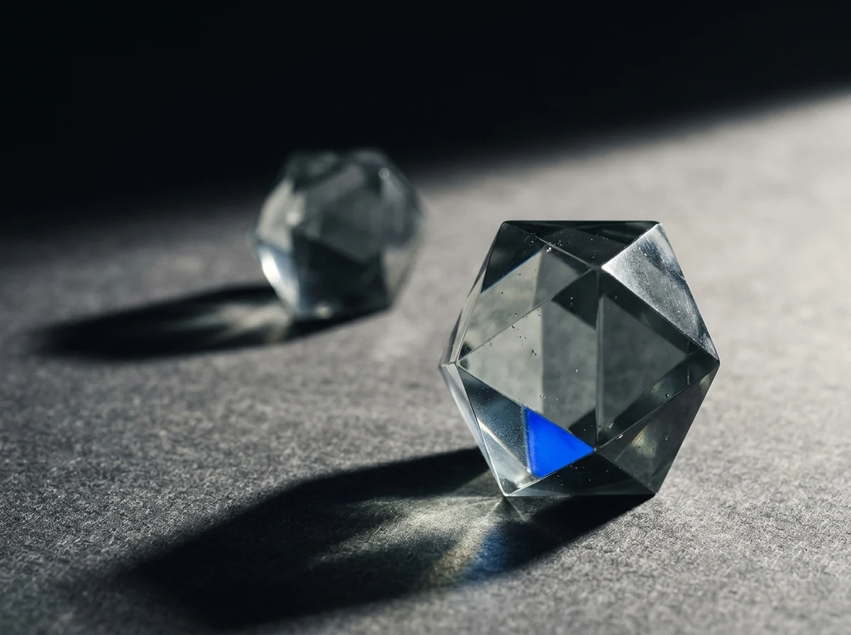 Two cut-glass polyhedra on dark felt, the larger one with a blue facet