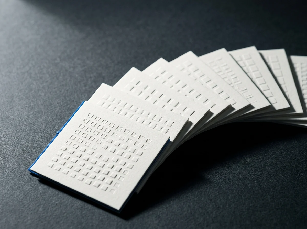 A fanned stack of white cards embossed with a grid of letters