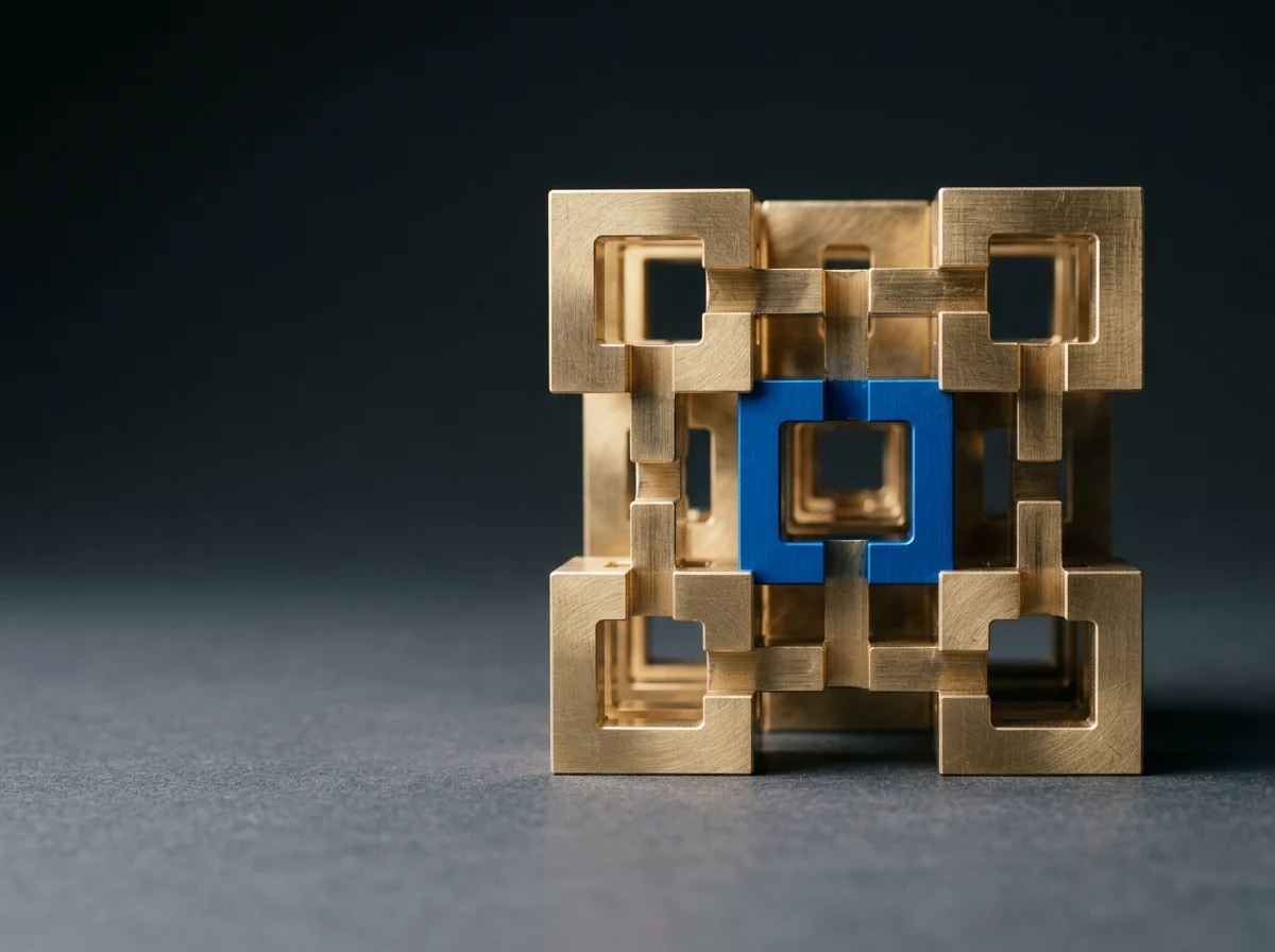 A brass lattice cube with a blue square set in its centre