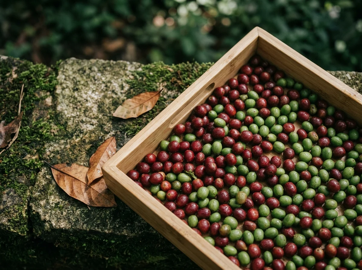 A wooden tray of red and green coffee cherries on a mossy stone