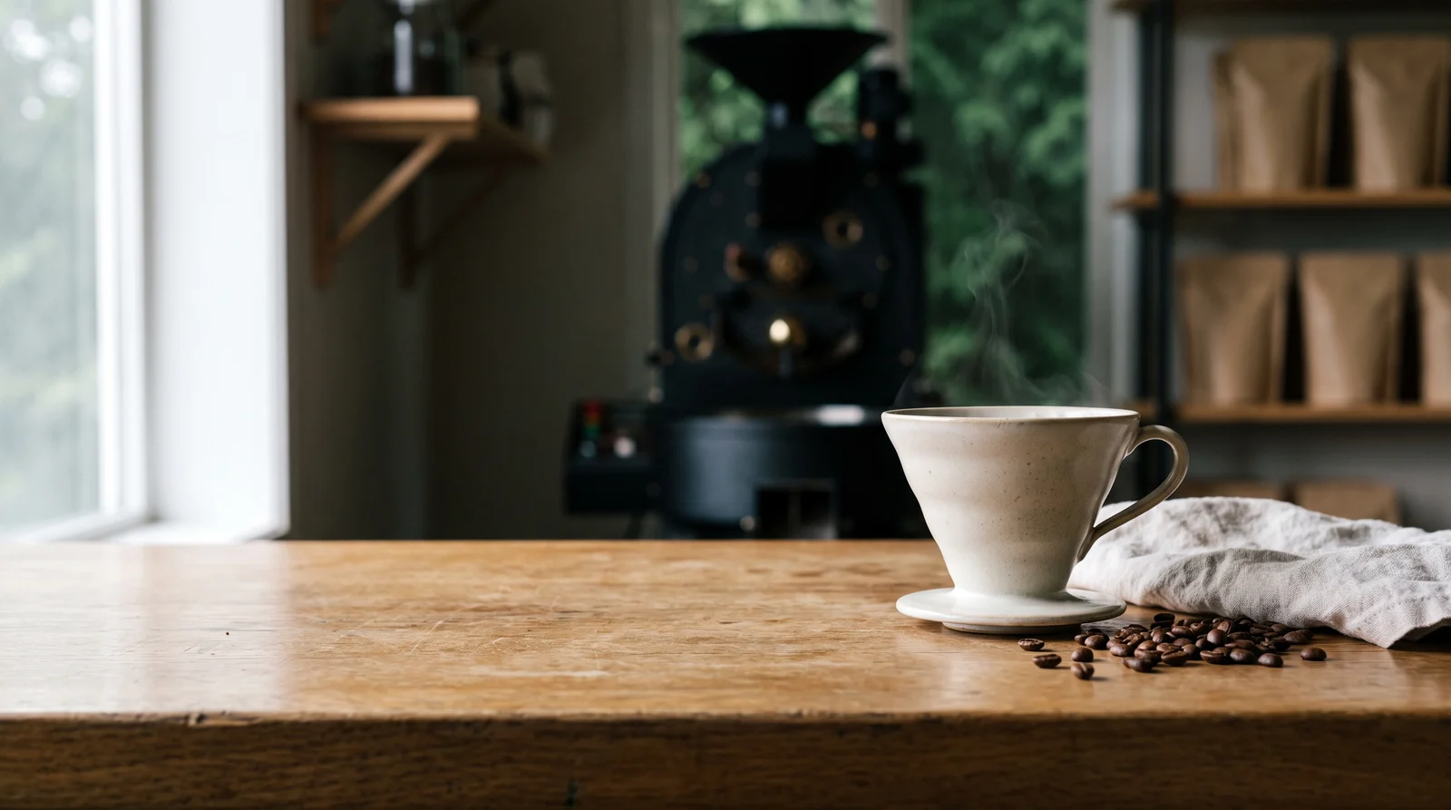 A cup of pour-over coffee and a few beans on a wooden counter, a small roaster behind it