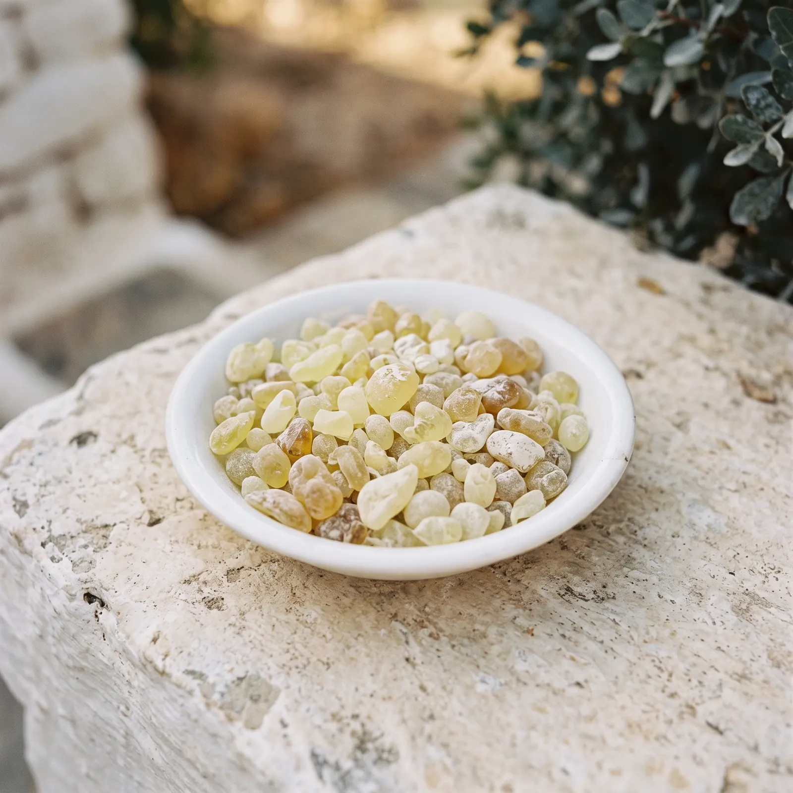 A small white dish heaped with mastic tears, translucent drops of resin from pale gold to ivory