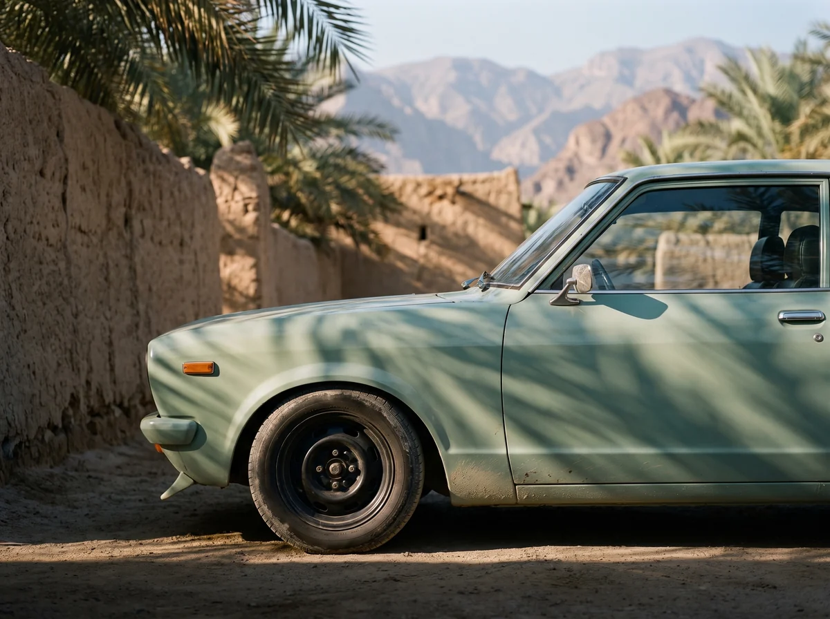 The coupe's front wheel and door beside a mud-brick wall, dappled by sun through date palms