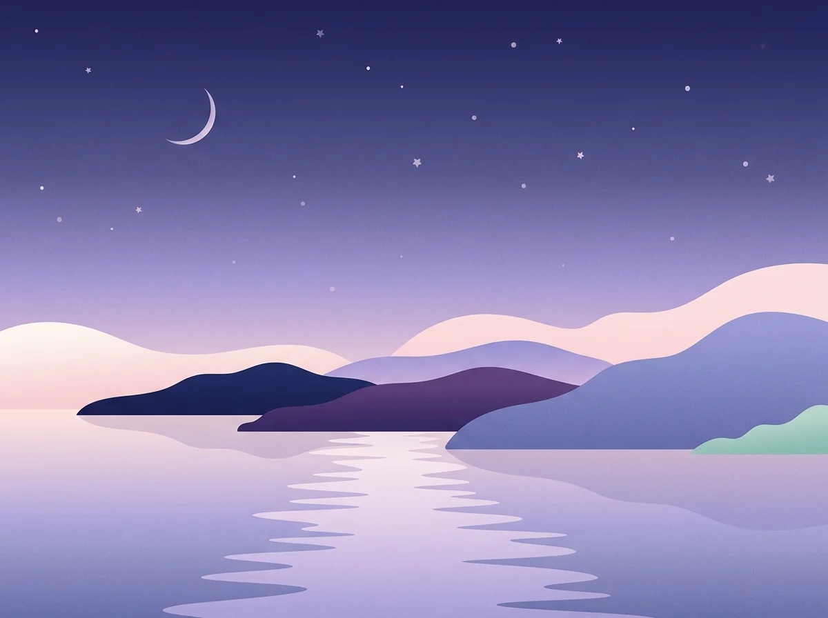Illustration of a crescent moon over a calm lagoon and dark hills at dusk