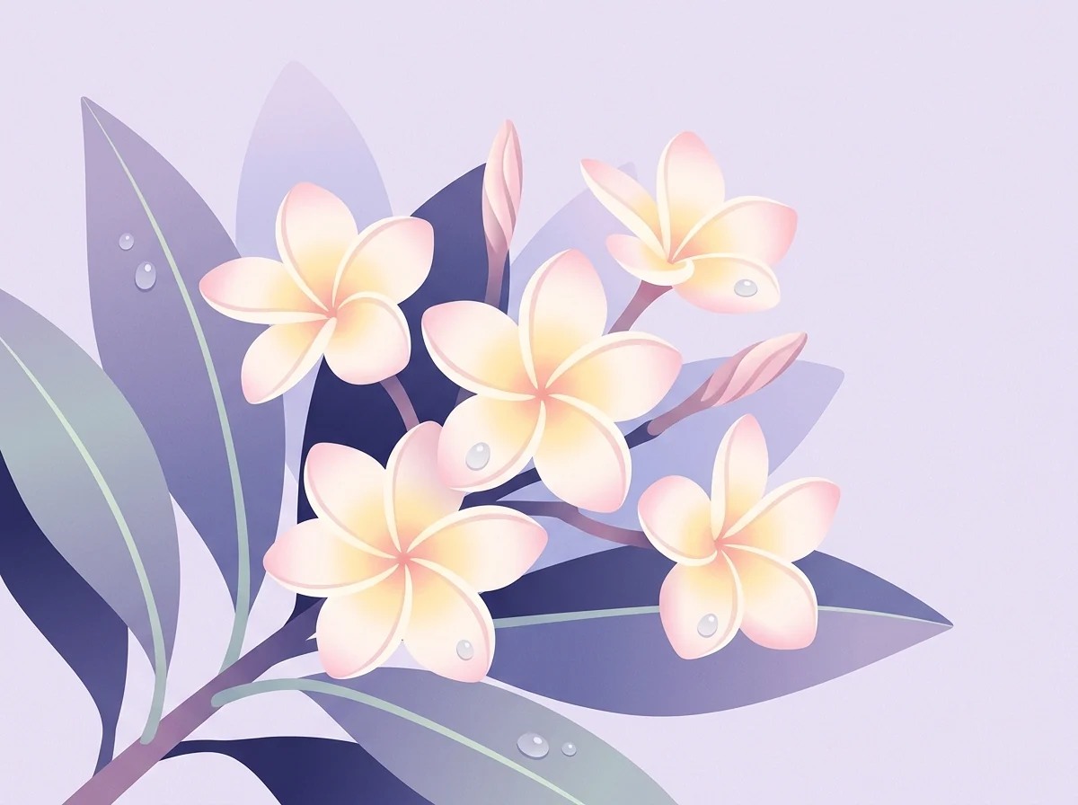 Illustration of frangipani flowers and leaves in cream and lavender