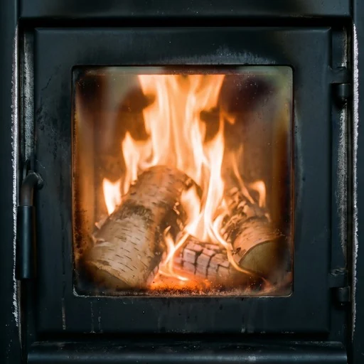 The Kerisekoda mark: a stove's glass door with the fire behind it