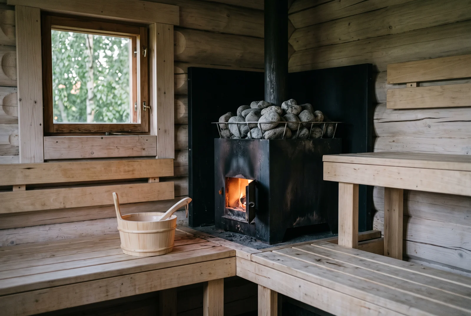 A small wooden sauna with two tiers of pale benches, a black wood stove with a basket of grey stones in the corner, a wooden bucket and ladle, and birch leaves outside the little window