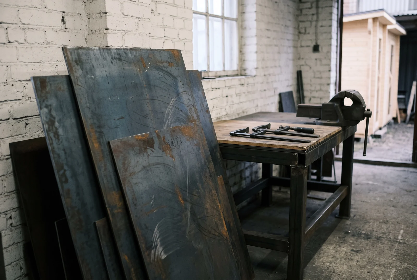 Sheets of dark steel plate leaning on a welding bench with a vise in a whitewashed brick workshop; through the open door, a small wooden sauna in the yard