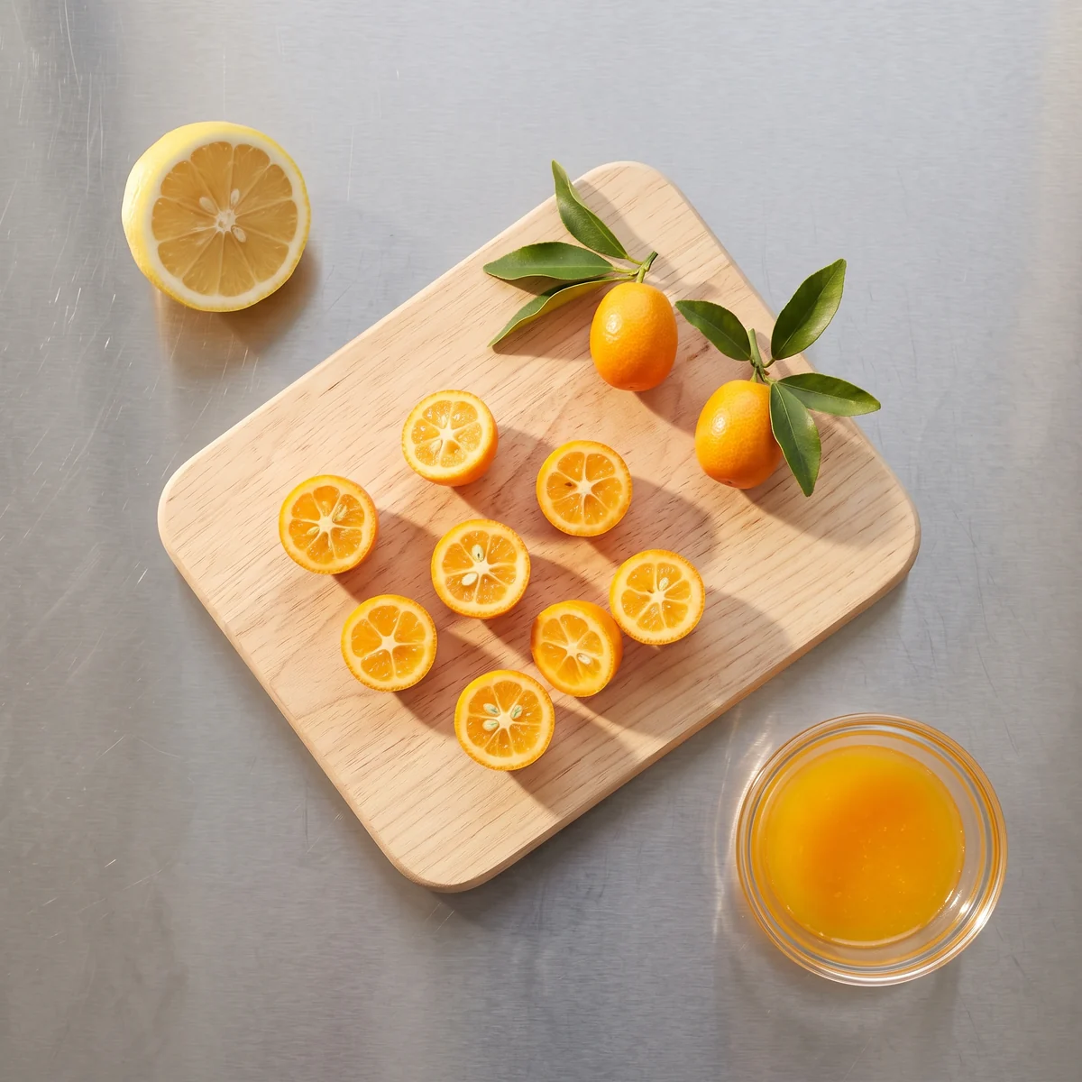 Halved kumquats and two whole ones with leaves on a pale wooden board