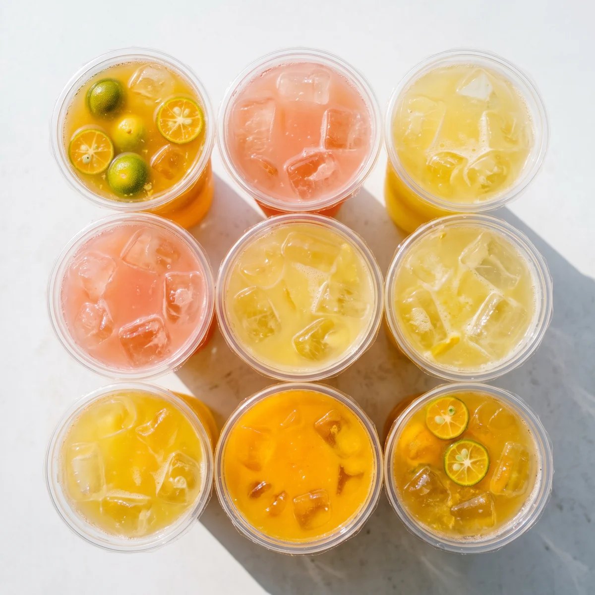 Nine iced fruit teas seen from above, their tops orange, pink and yellow