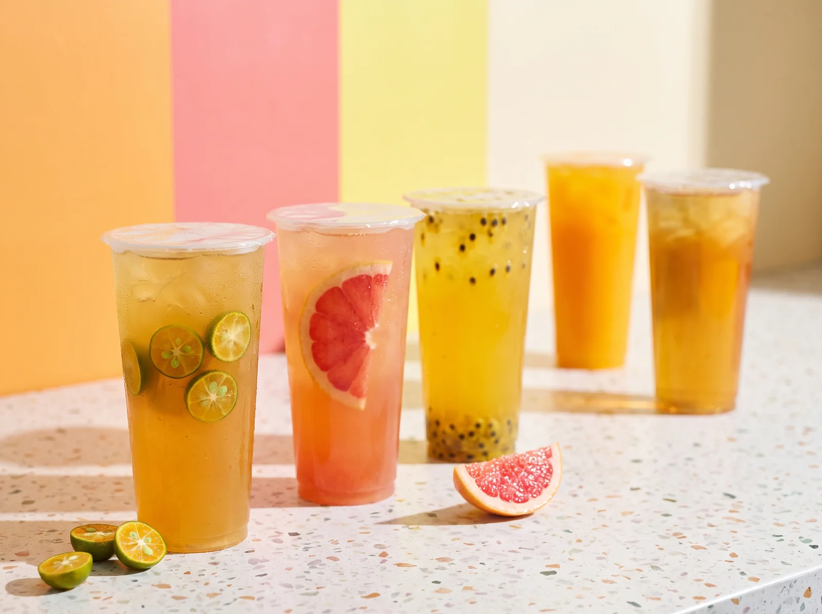 Five iced fruit teas sealed in clear cups on a terrazzo counter in front of a striped wall