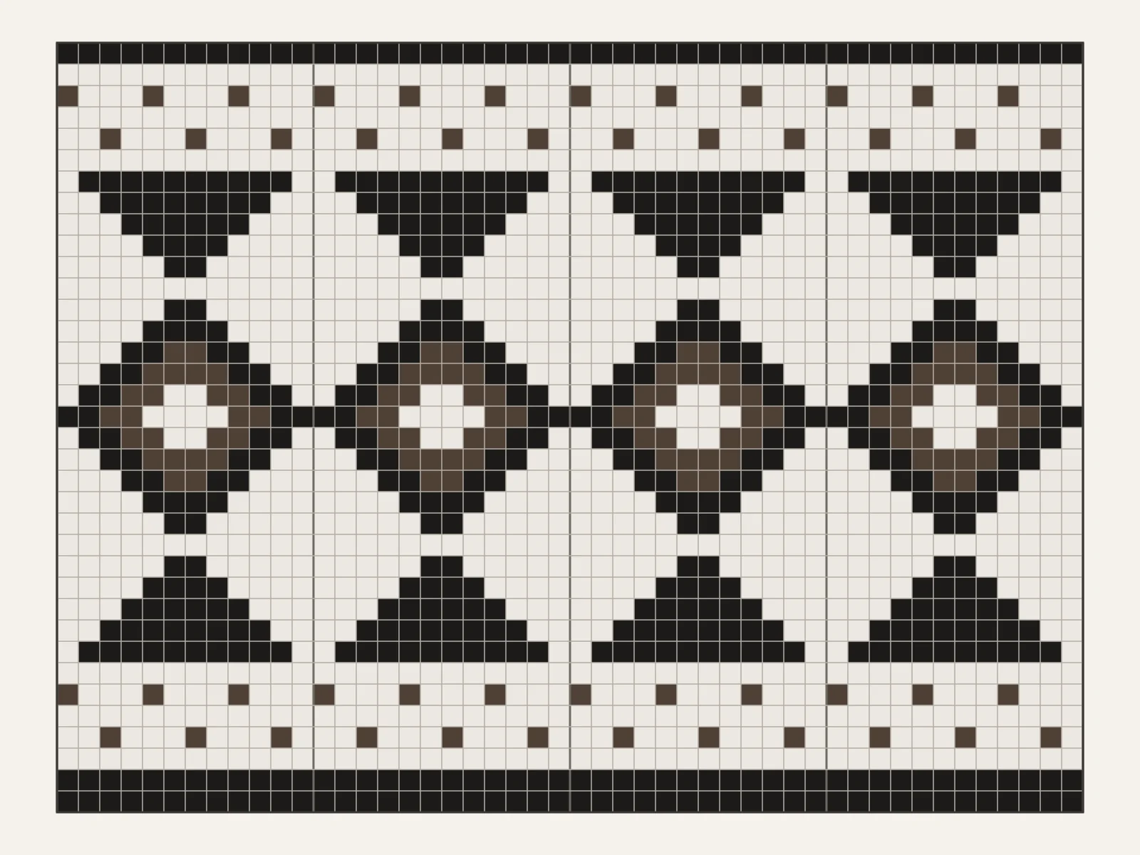 A knitting chart for the yoke: a grid of white, black and brown squares showing the dots, triangles and diamonds of the band