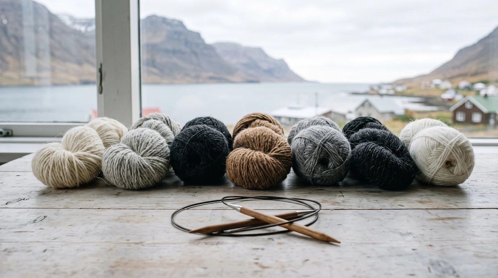 Balls of undyed wool in white, grey, black and brown in a row on a wooden table, a circular needle crossed in front of them, a fjord and a small town through the window behind
