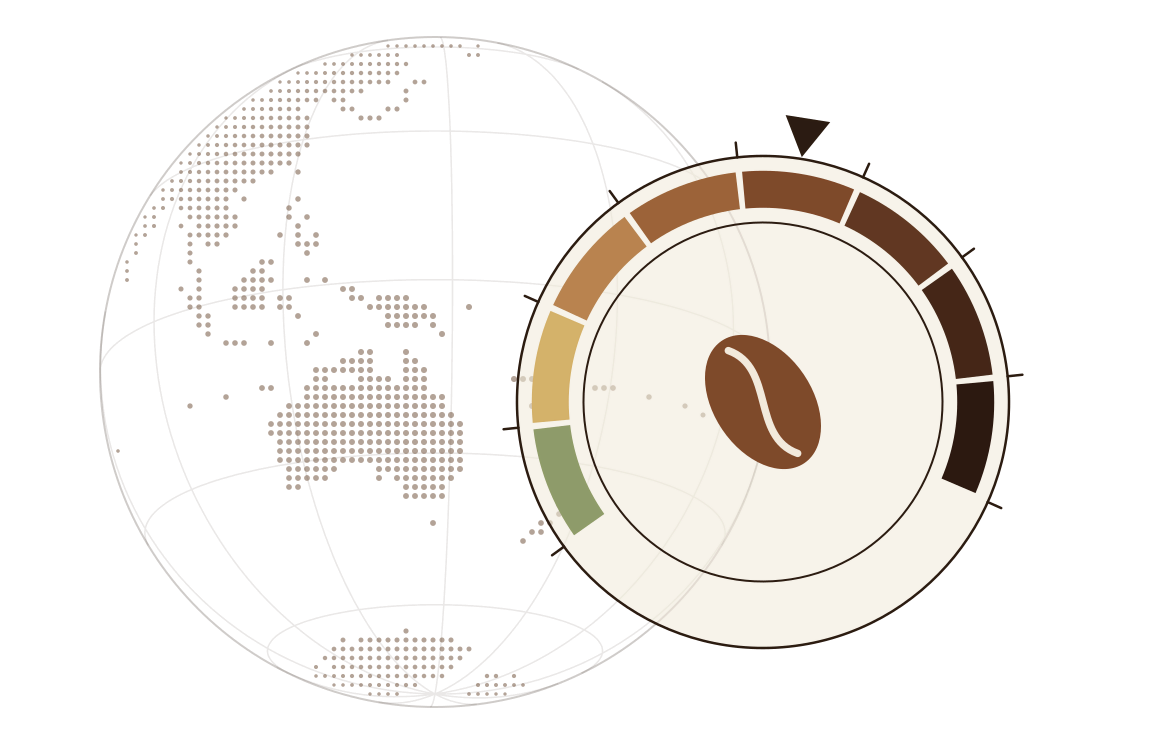 A dotted globe over the Coral Sea, between Melbourne and Papua New Guinea, and the roastery's stamp: a coffee bean in a ring of eight roast colours, marked at medium