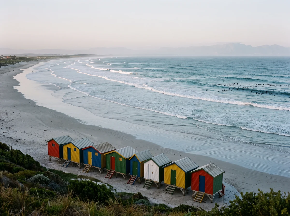 Muizenberg's long, shallow bay from the mountain road at dawn, rows of white water and a line of painted beach huts