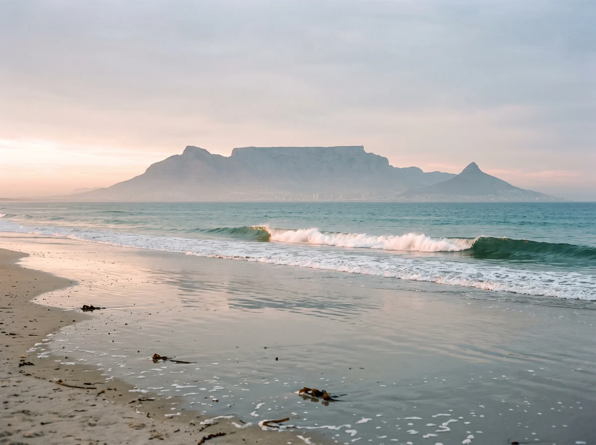 A small wave breaking on Big Bay at sunrise, with the flat top of Table Mountain across the bay