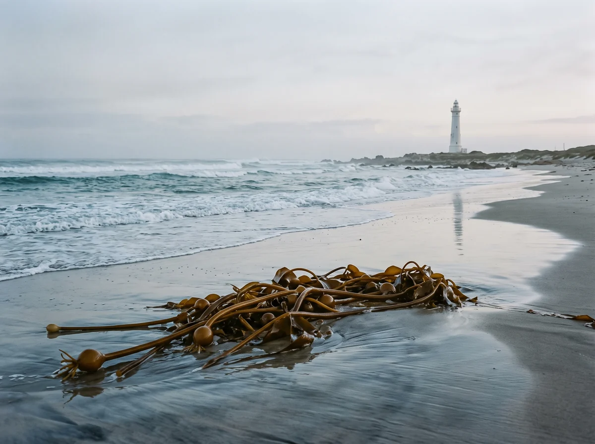 The empty sweep of Long Beach at Kommetjie on a grey morning, kelp on the wet sand and a white lighthouse at the far end