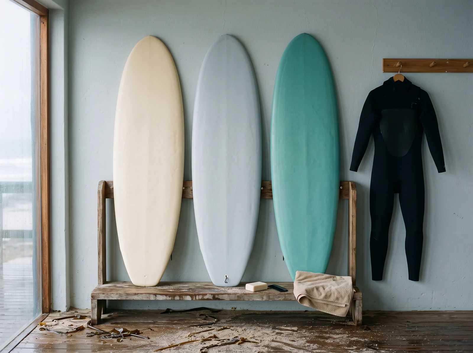 Three plain surfboards standing against the wall behind a wooden bench, a wetsuit on a wall hook, and wax and a towel on the bench