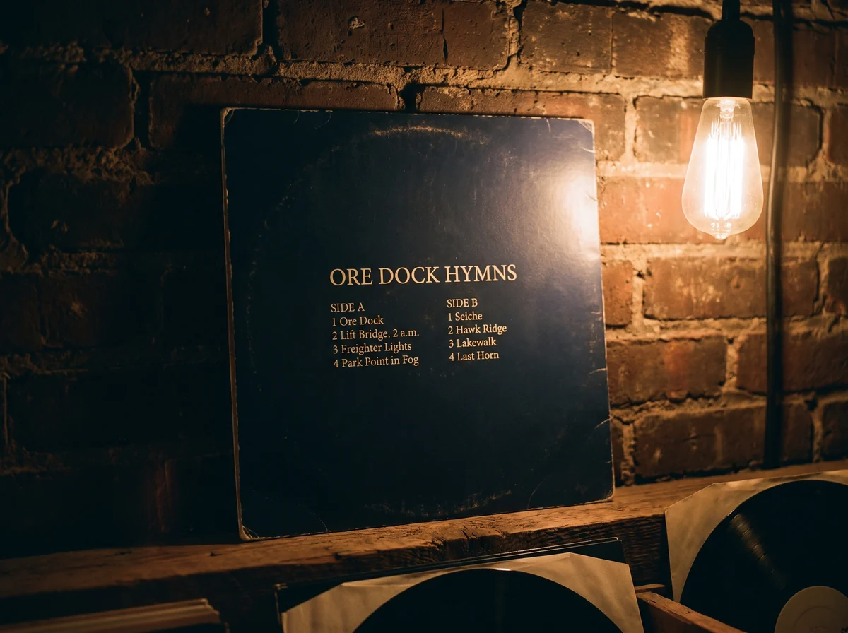 午夜藍的《Ore Dock Hymns》封底靠在磚牆上,旁邊亮著一顆裸燈泡,A、B 兩面各列出四首歌