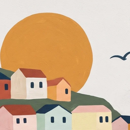 The Ocre y Mar mark: an ochre sun over painted hillside houses