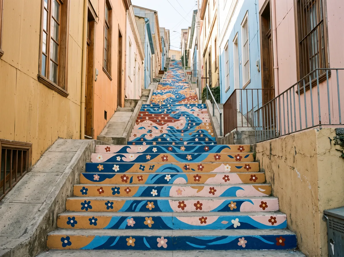 A long outdoor stairway between pastel houses, every step painted with blue waves and small flowers