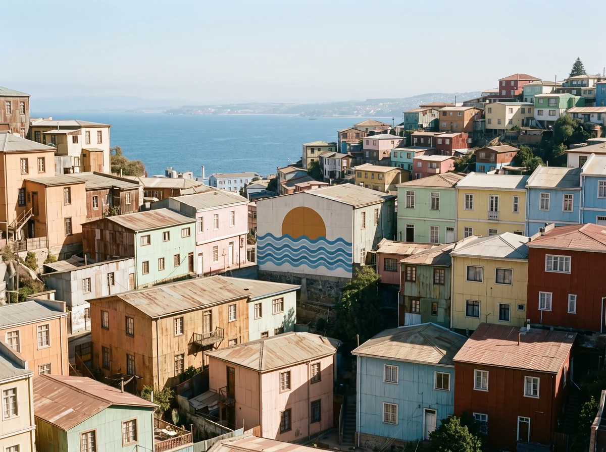 Pastel houses of painted corrugated iron on a steep hill above the bay, one wall painted with a sun over waves