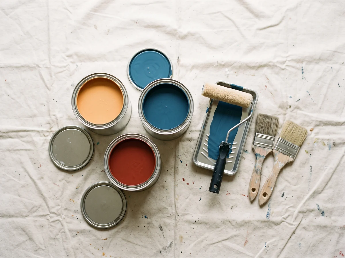 Open tins of apricot, sea-blue and brick-red paint on a drop cloth, with a roller in a tray and two brushes