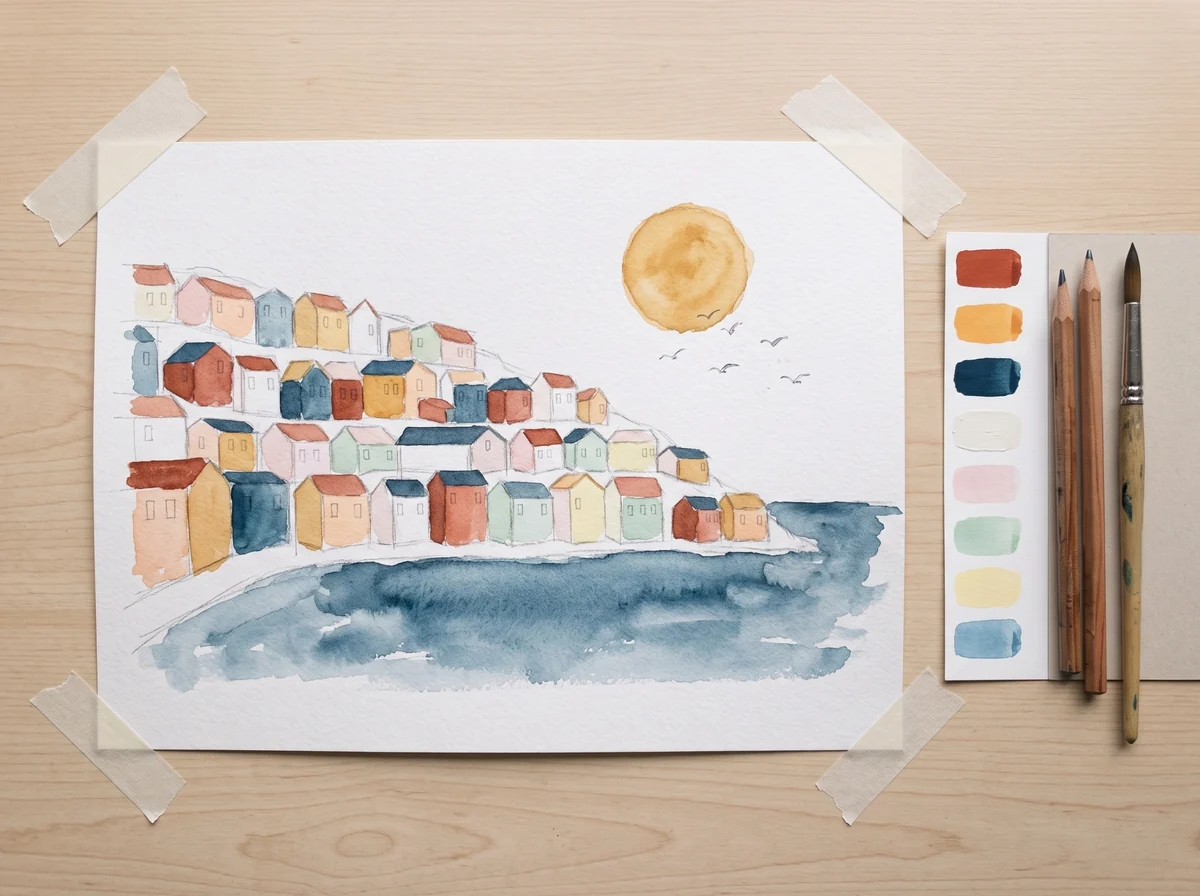 A pencil and watercolour sketch of the hillside mural taped to a table, beside a strip of colour swatches