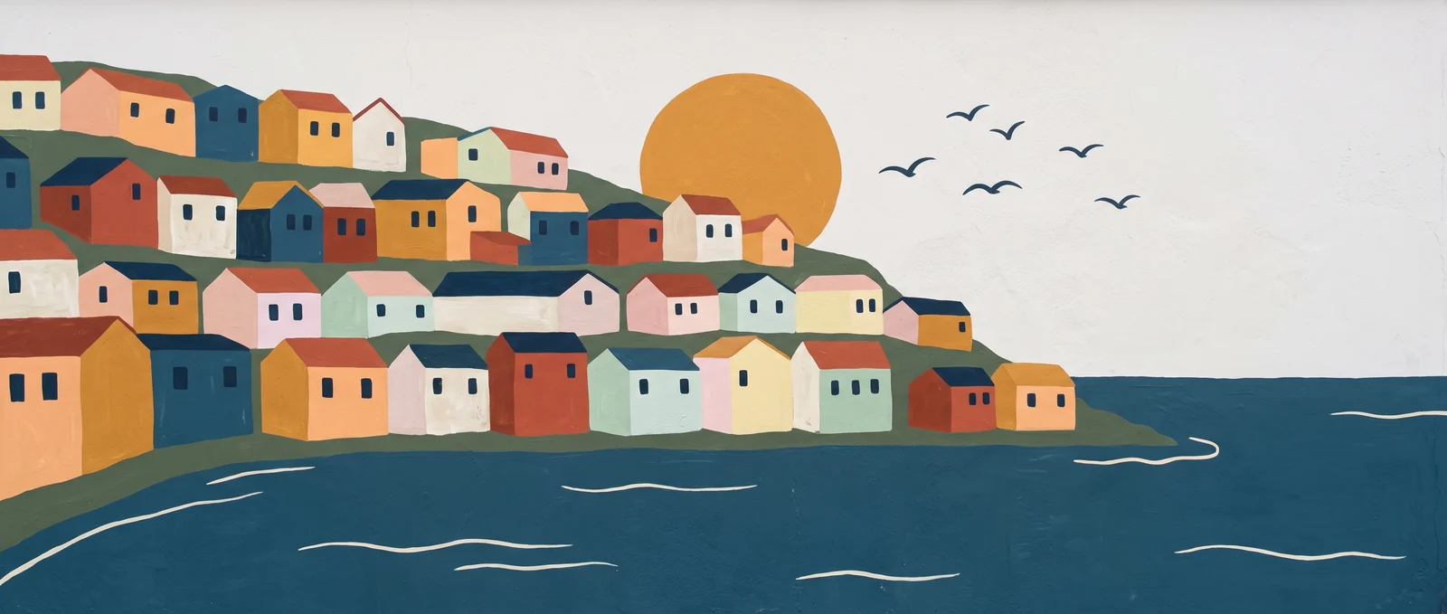 A mural on a plaster wall: a hillside of small flat-coloured houses above a deep blue bay, an ochre sun and five birds