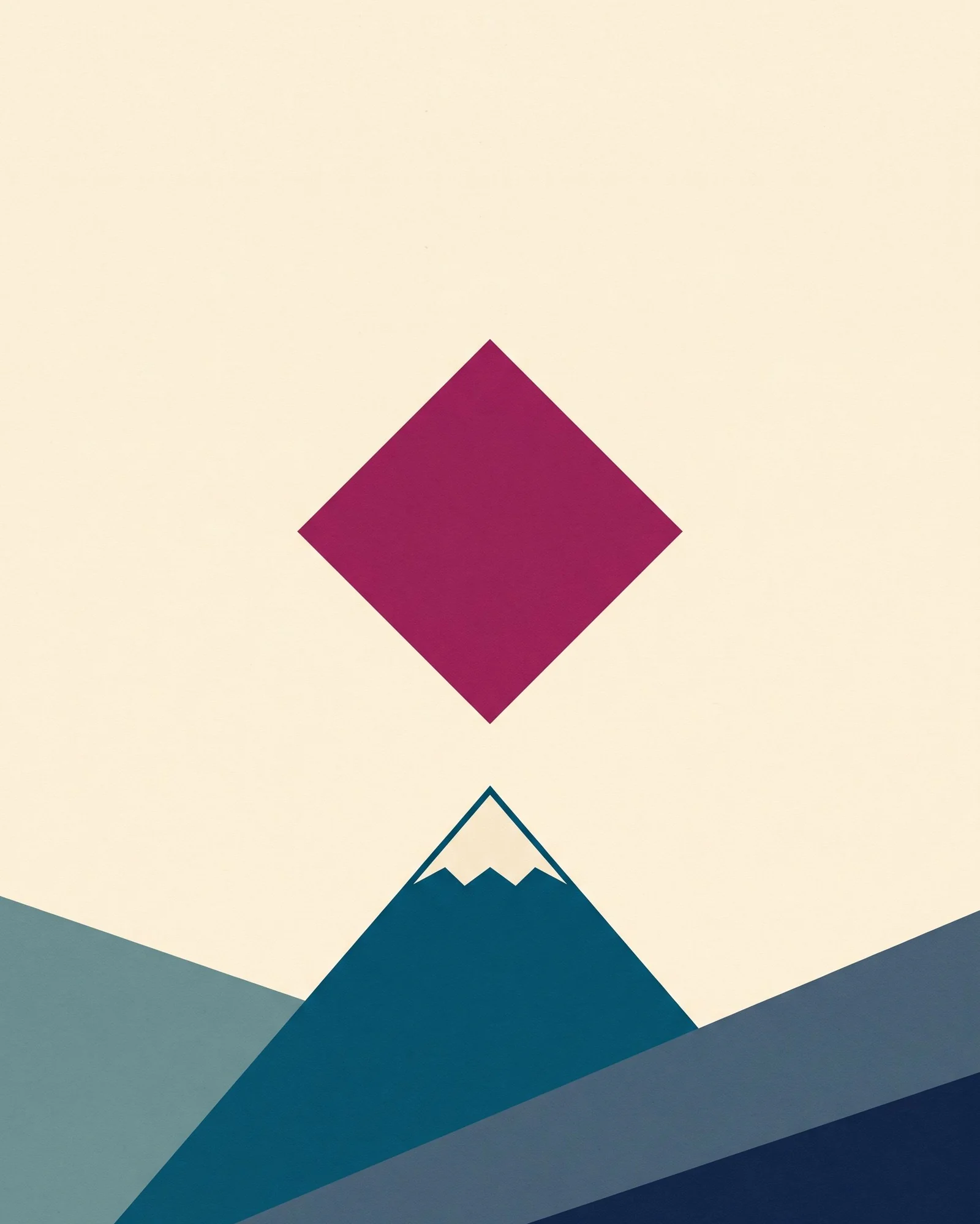 A magenta diamond above flat-drawn mountains, the tallest one snow-capped