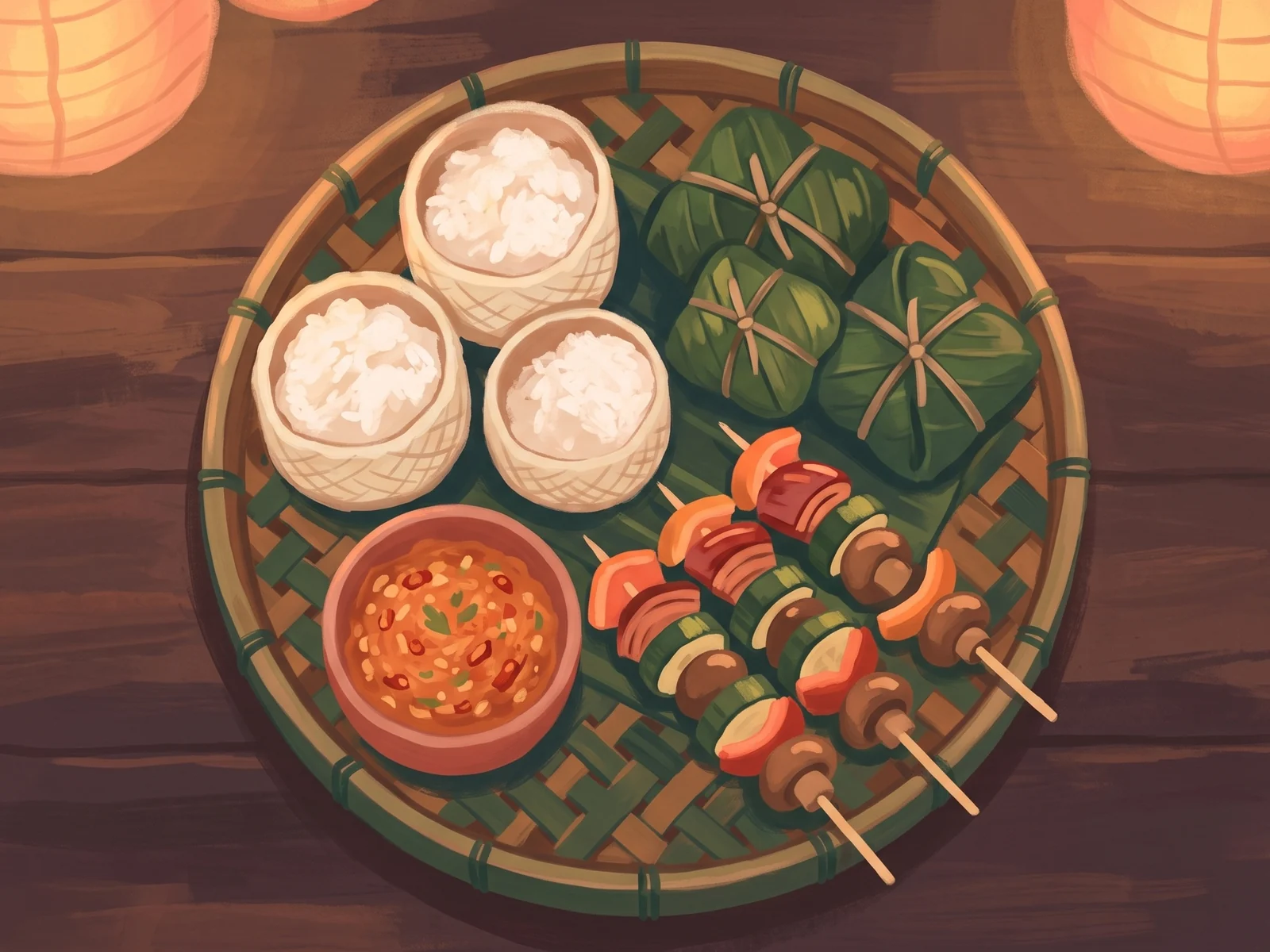 從上方看圓竹盤的插畫:三籃白糯米飯、香蕉葉包、烤肉串和一小碗辣椒沾醬