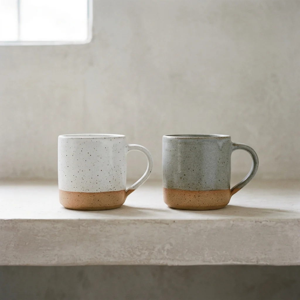 Two stoneware mugs, speckled white and ash grey, with bare clay feet