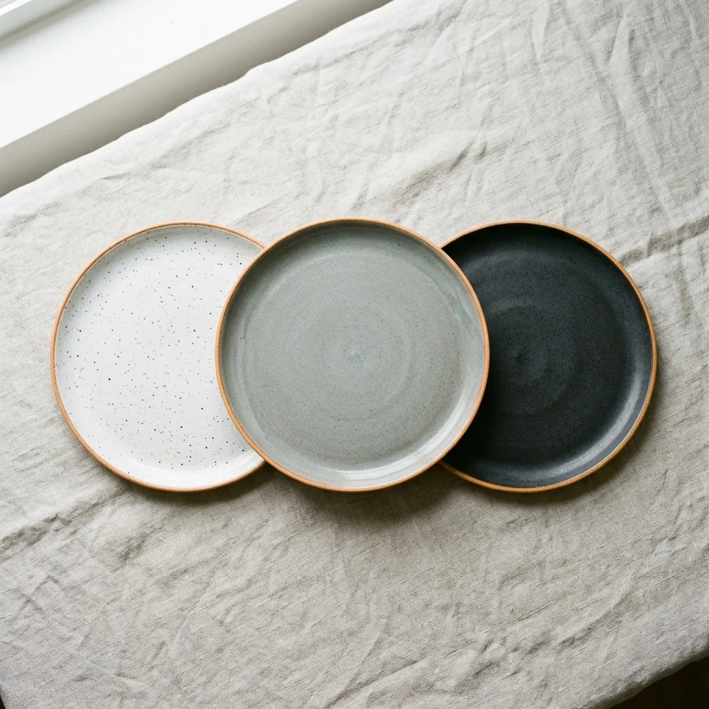 Three stoneware plates in speckled white, ash grey and charcoal glazes
