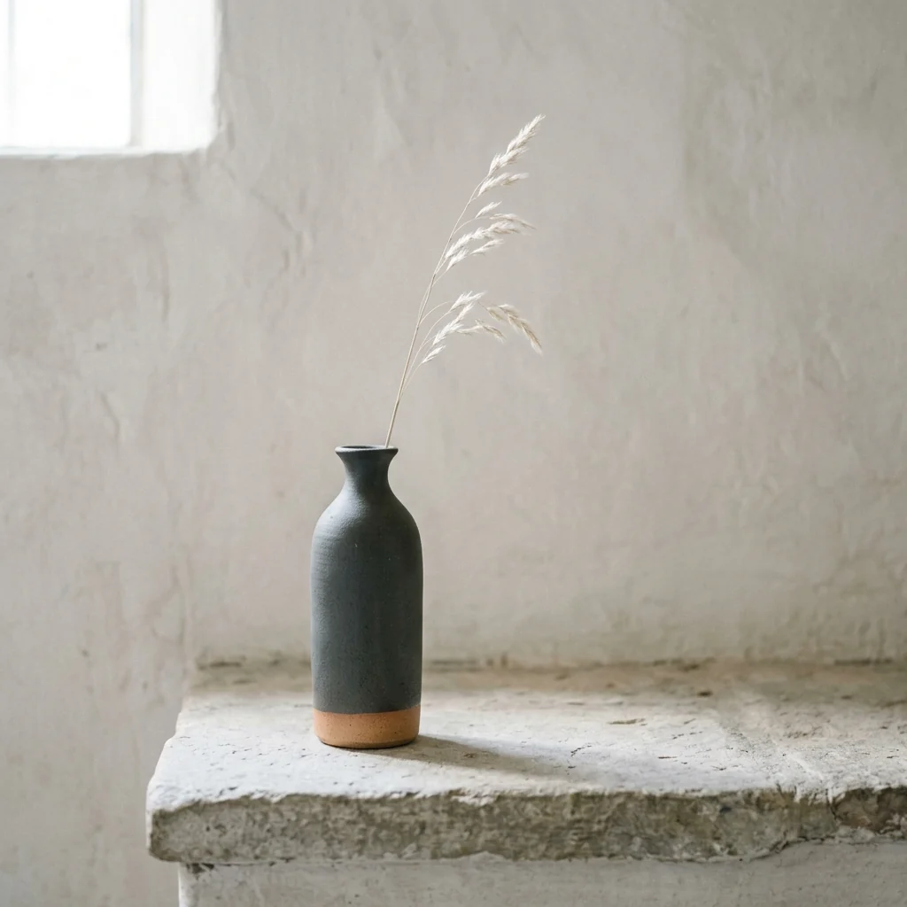 A slender charcoal bud vase holding one dry grass stem
