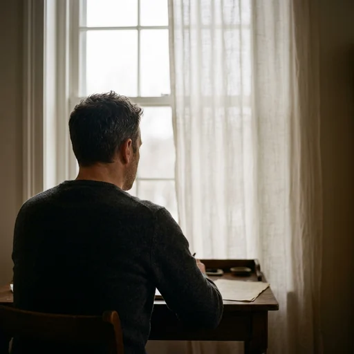 Julian Thorne at his writing desk, seen from behind
