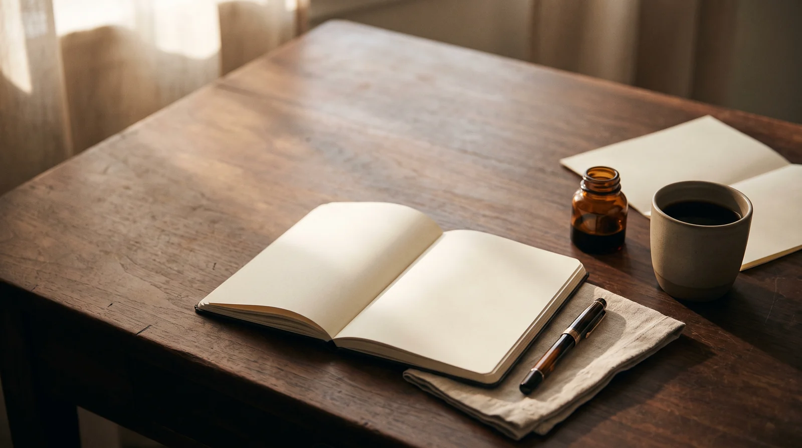An open notebook, a fountain pen, an ink bottle and a cup of coffee on a dark wooden table