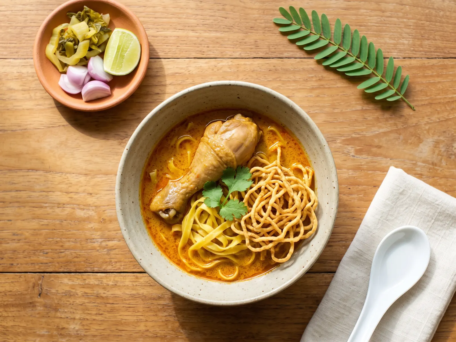 A bowl of khao soi with crispy noodles and a chicken leg on a teak table