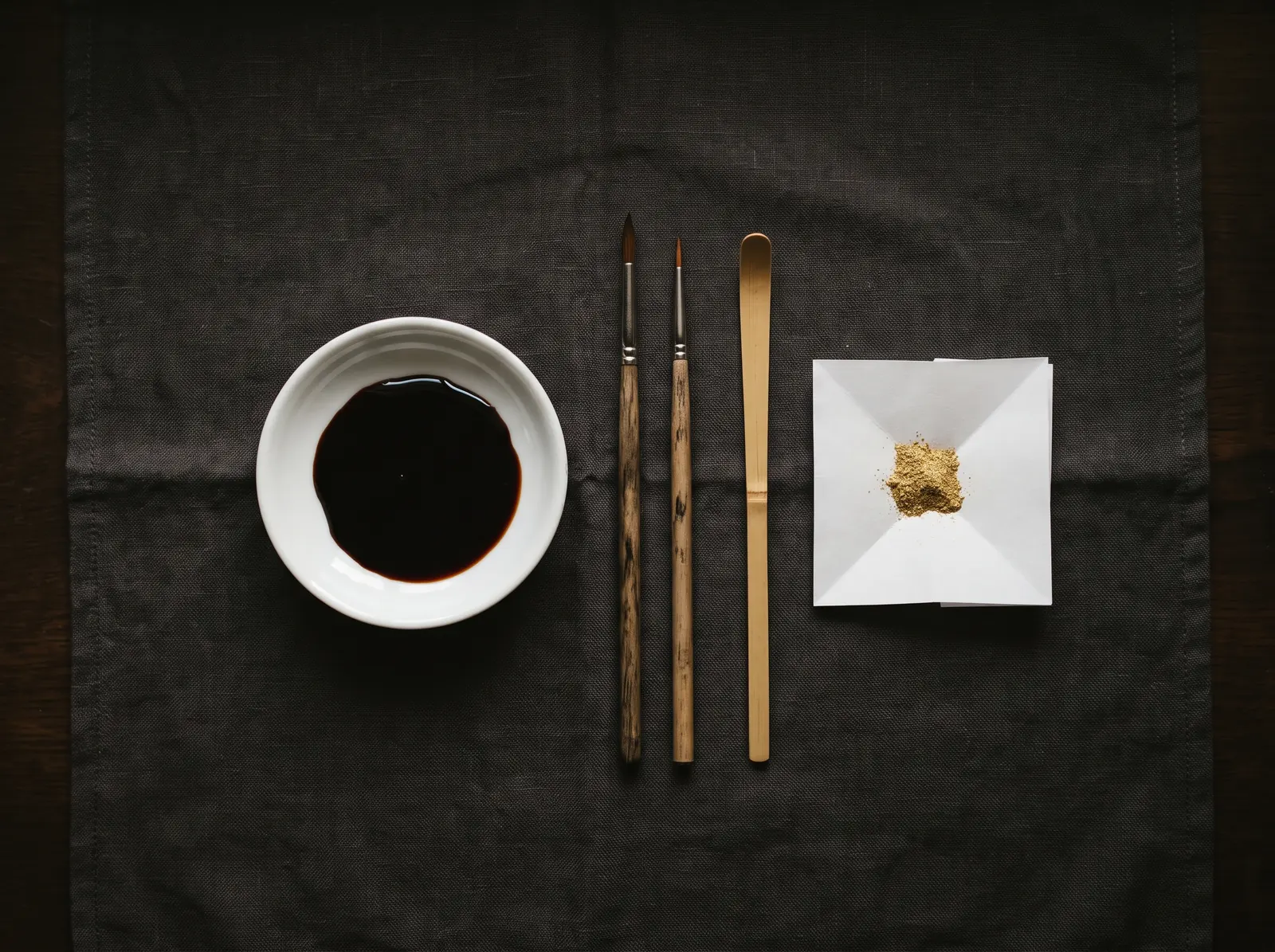 深色麻布上，白瓷碟裡盛著黑色的漆，旁邊是兩支細筆和一支竹刮刀，摺好的白紙上有一小撮金粉