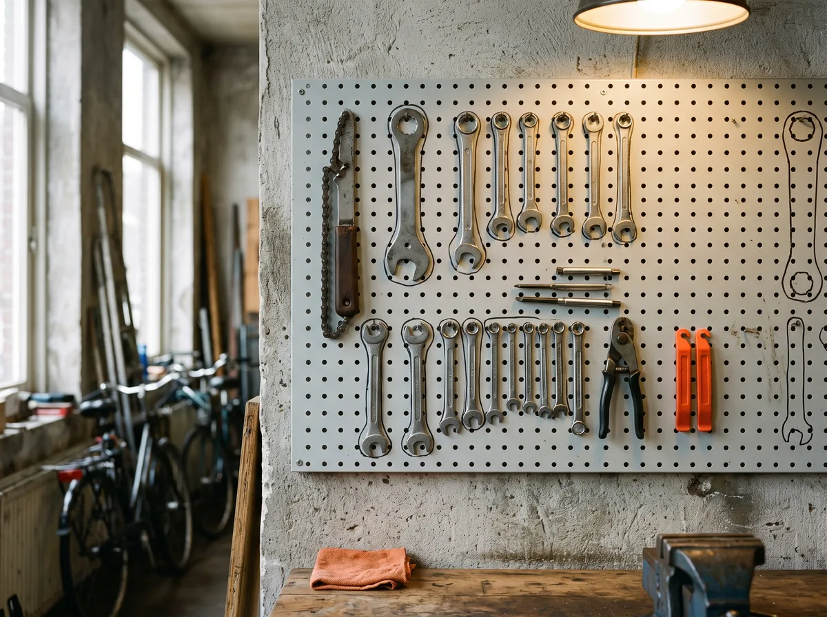 A pegboard on a concrete wall, each tool hanging inside a painted outline, two orange tyre levers among them and two outlines empty, above a workbench with an orange rag and a vice