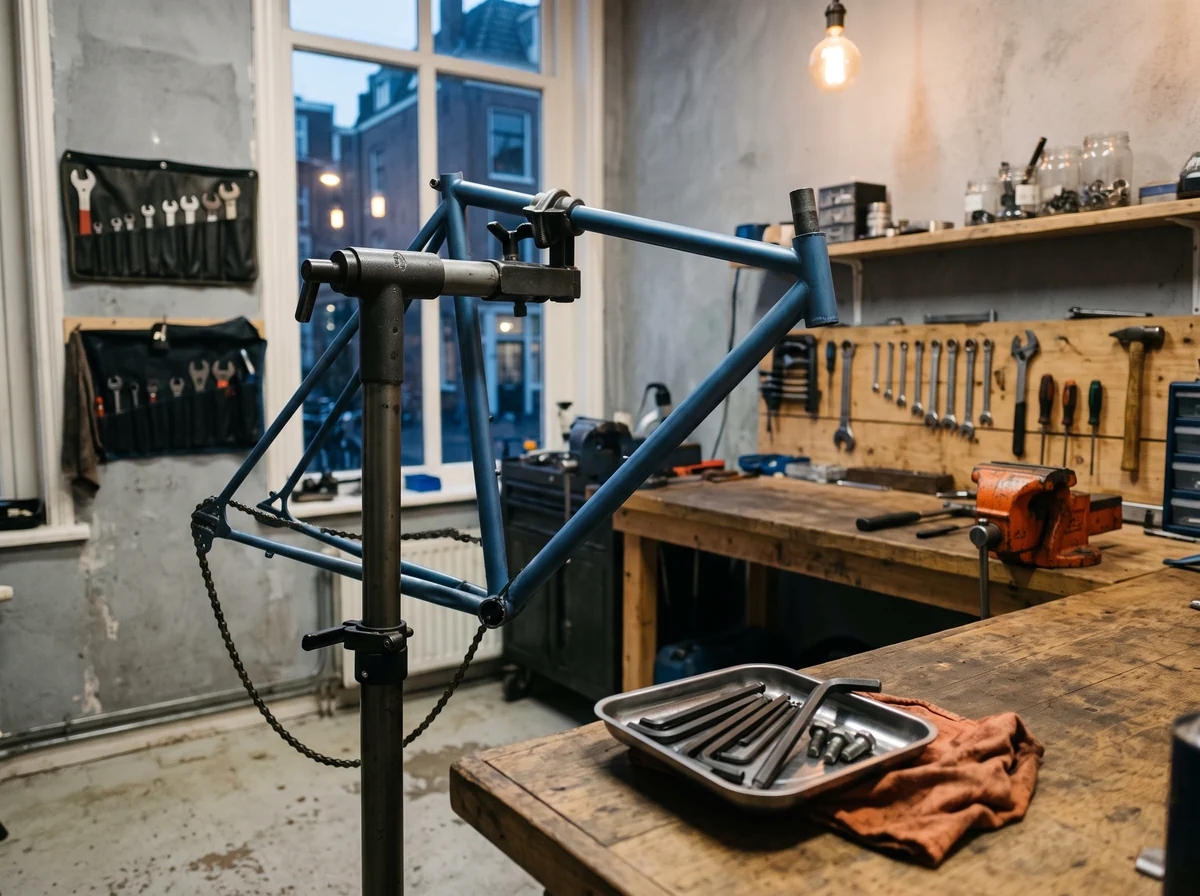 A blue bicycle frame clamped in a repair stand with its chain hanging loose, a steel tray of hex keys on an orange rag in front and brick houses through the window at dusk