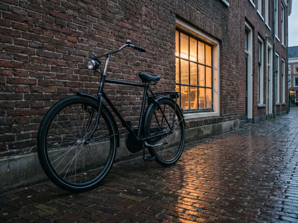A black Dutch city bike with a front lamp, mudguards and a chain guard leaning on a brick wall beside a warmly lit window, on wet brick paving