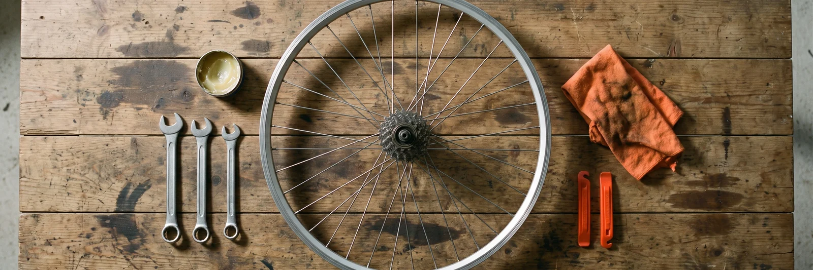 Seen from above, a bicycle rear wheel without its tyre on a worn wooden workbench, three spanners and an open tin of grease to its left, an orange rag and two orange tyre levers to its right