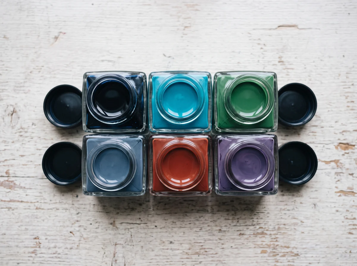 Six open square bottles of ink seen from above in two rows of three, blue-black, turquoise and green over slate, brick red and violet, their black caps beside them on a pale wooden table
