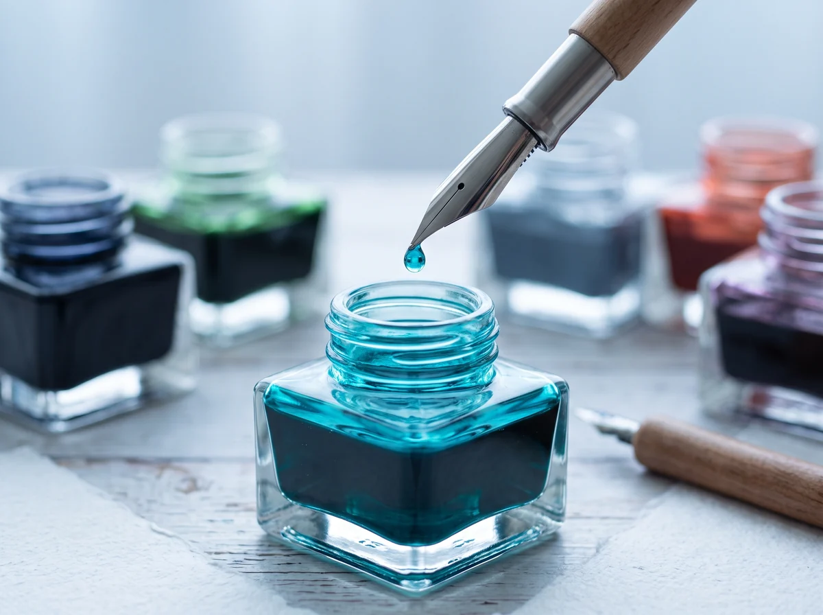 A steel dip-pen nib held just above an open bottle of turquoise ink, a drop falling back into the bottle, more bottles blurred behind