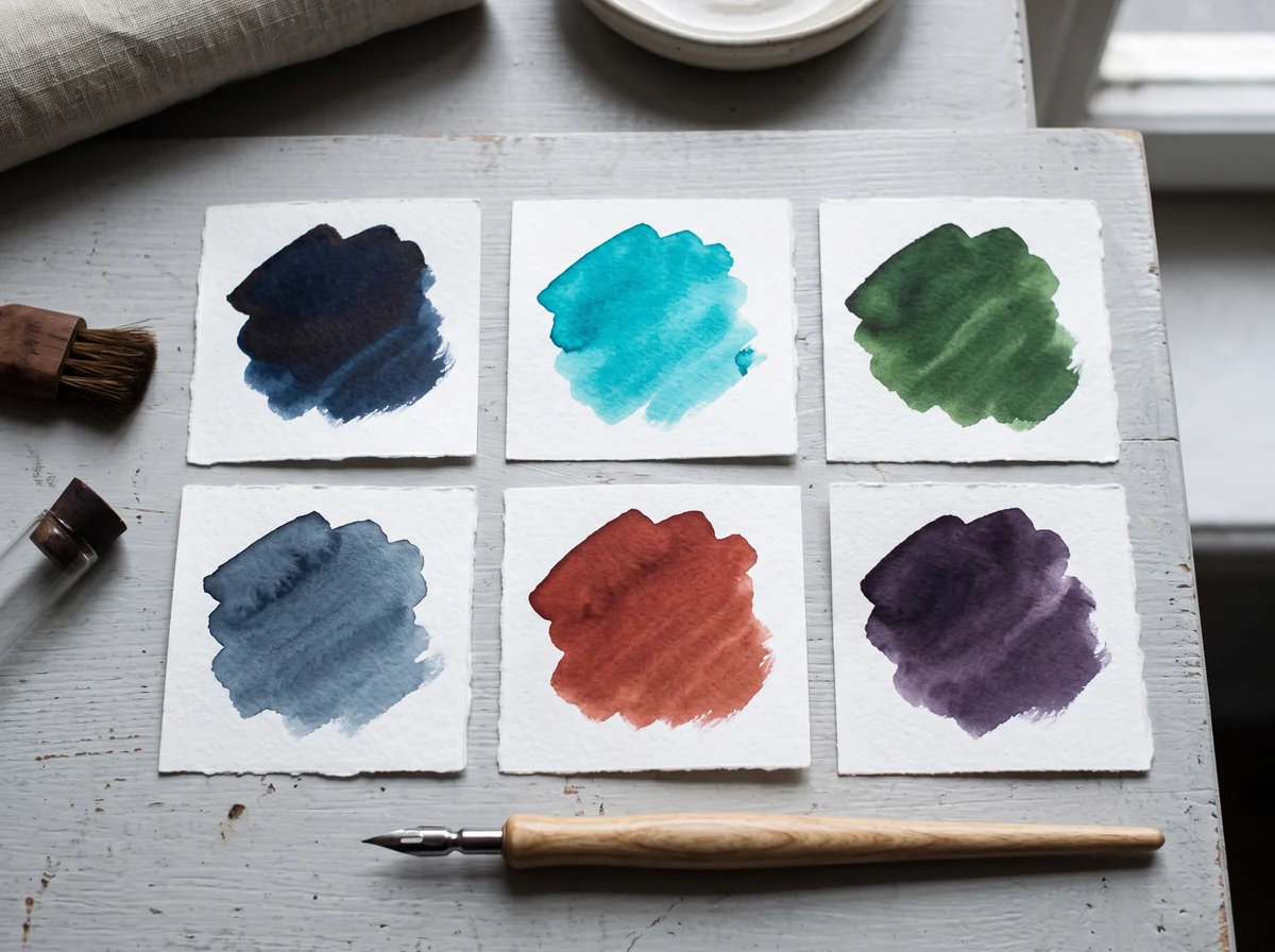 Six white cards on a grey table, each brushed with one ink, blue-black, turquoise, green, slate, brick red and violet, a dip pen and a brush beside them