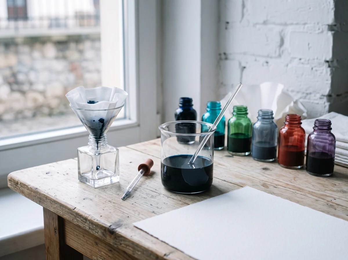 A glass funnel lined with filter paper standing in a square bottle, a beaker of blue-black ink with a glass rod and a pipette, six coloured bottles behind them on a wooden table by a window