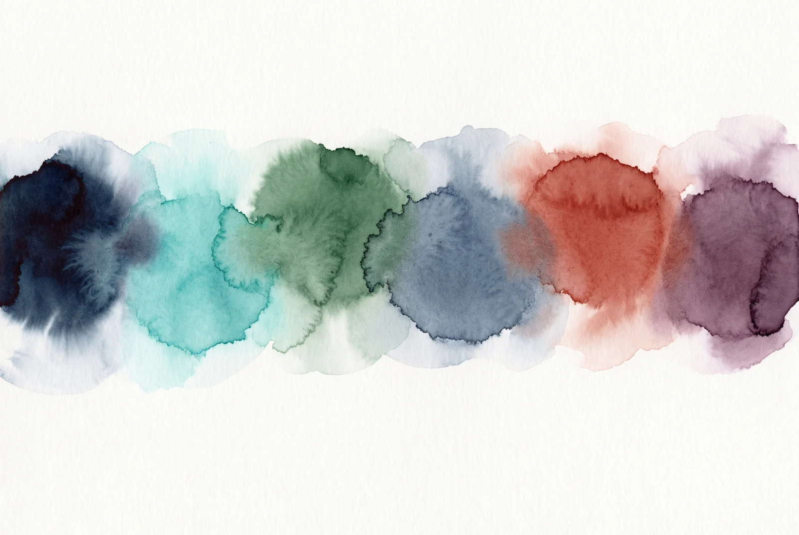 Six ink washes in a row on white cotton paper, blue-black, turquoise, green, slate, brick red and violet, feathering into each other